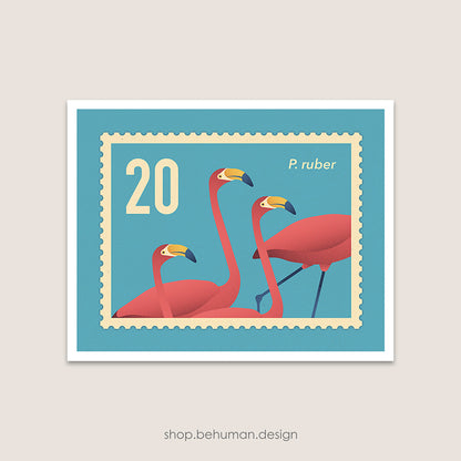 Birds Mail Art Print - Flamingo Stamp